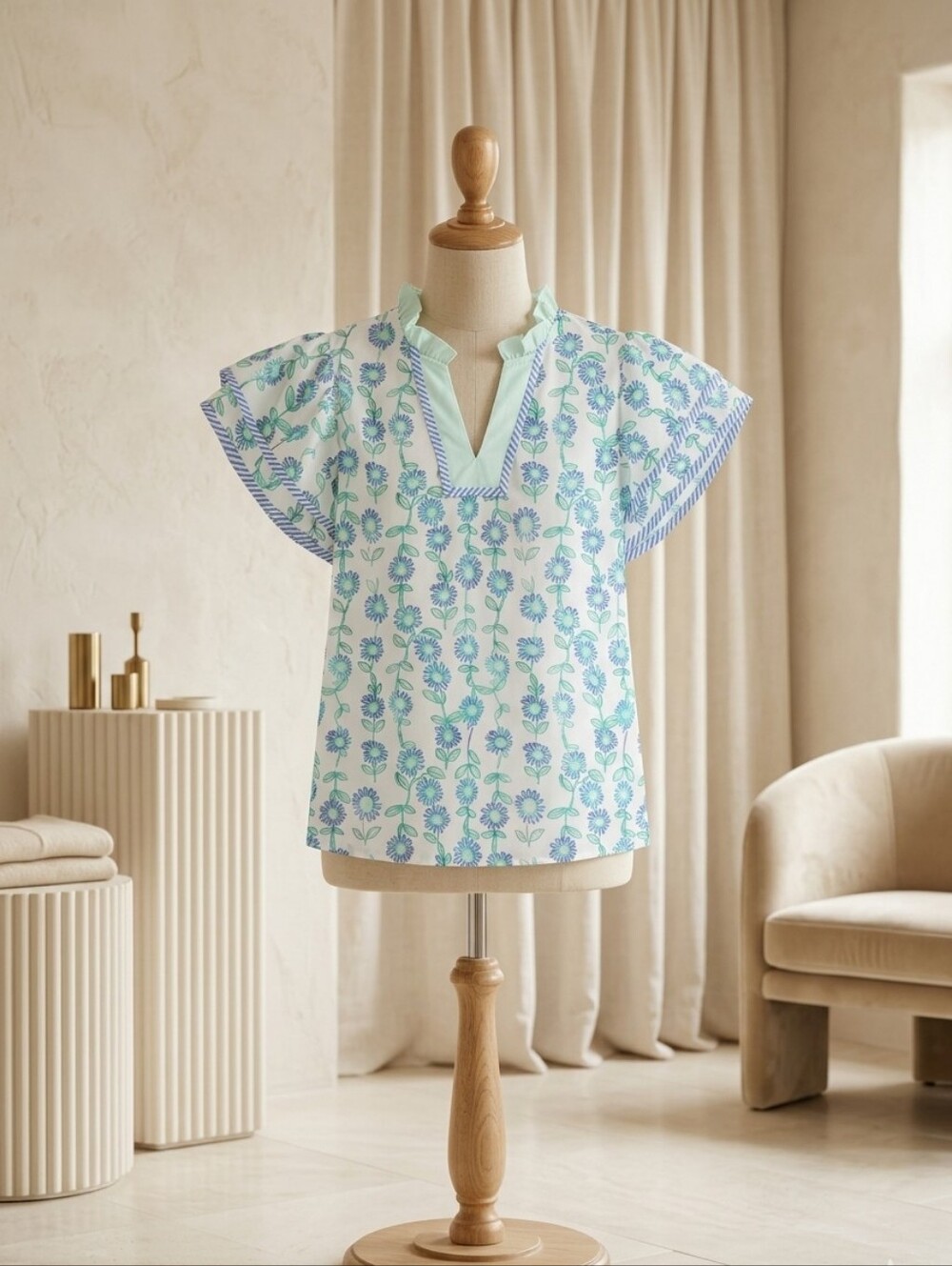 Lovesoft Green Floral Print Patchwork Flutter Sleeve Blouse – Sizes M